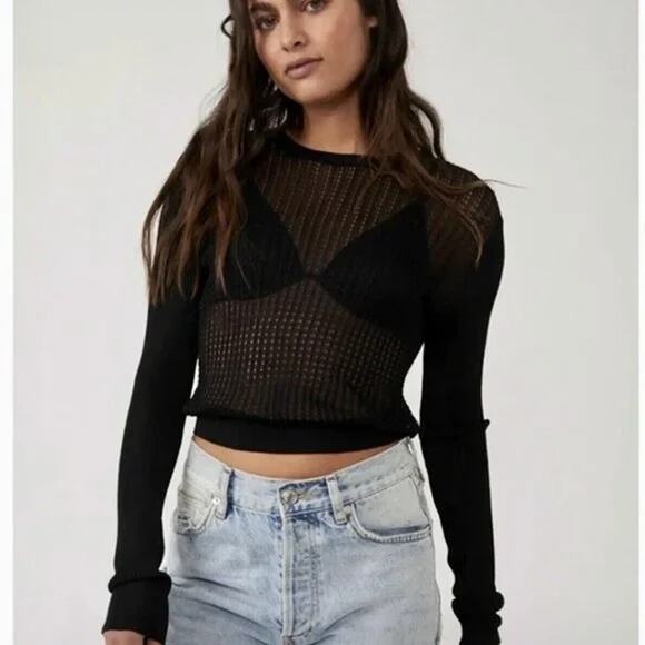 Free People H2O Crew Pullover Sheer Garage Grunge Knit‎ Top Black Small - Picture 1 of 5